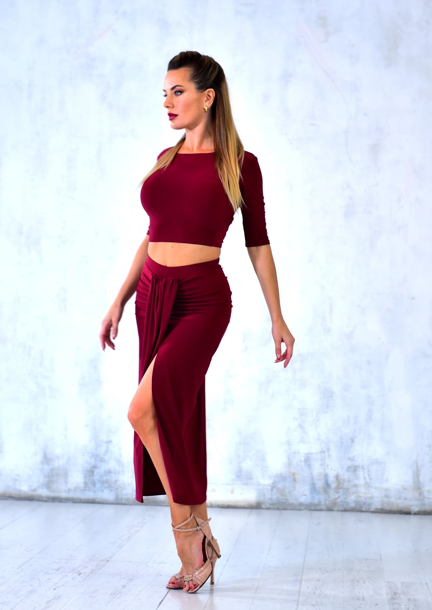 bordeaux color straight tango skirt , dark red tango skirt
