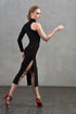 one sleeve black tango dress with a slit on the knee, turtleneck and mesh insert