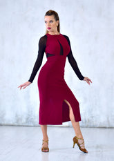 dark red tango dress with long sleeves